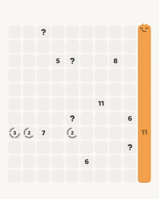 MeowBlock Level 109 after step 1, placing the 11-cell vertical block at the middle-right area