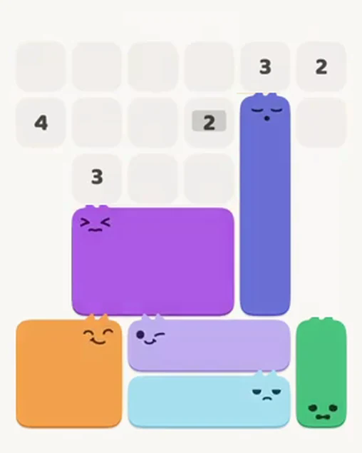 MeowBlock Level 11 after step 6, placing the 4-cell vertical block at the middle-right area