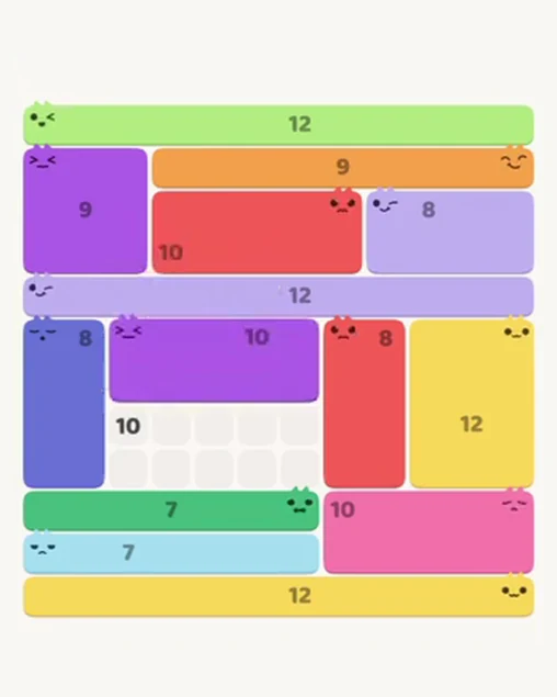 MeowBlock Level 110 after step 14, placing the 10-cell rectangular block at the middle center