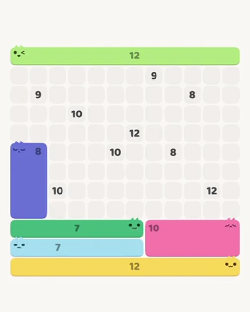 MeowBlock Level 110 after step 6, placing the 8-cell rectangular block at the middle-left area
