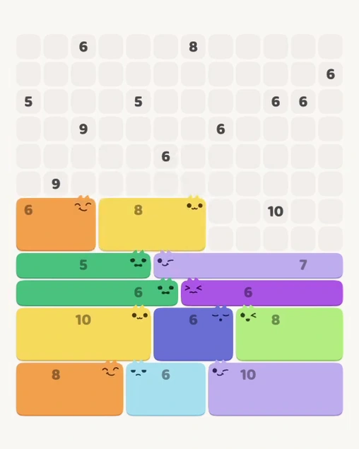 MeowBlock Level 111 after step 12, placing the 8-cell rectangular block at the middle center
