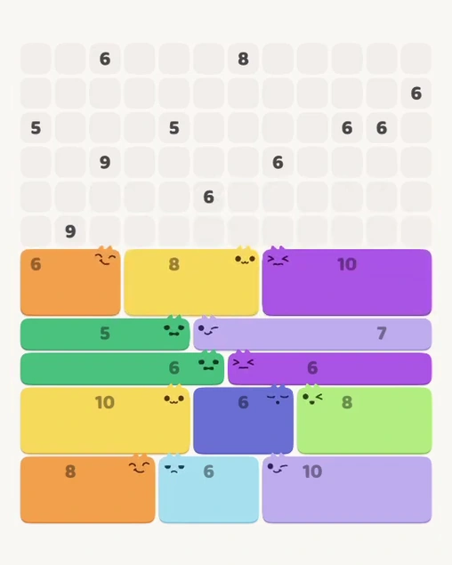 MeowBlock Level 111 after step 13, placing the 10-cell rectangular block at the middle-right area