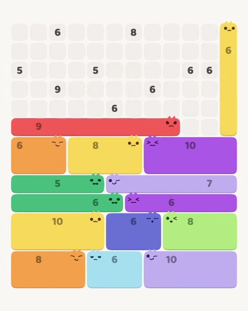 MeowBlock Level 111 after step 15, placing the 6-cell vertical block at the upper-right area