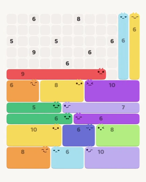 MeowBlock Level 111 after step 16, placing the 6-cell vertical block at the upper-right area