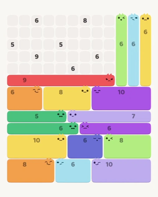 MeowBlock Level 111 after step 17, placing the 6-cell vertical block at the upper-right area
