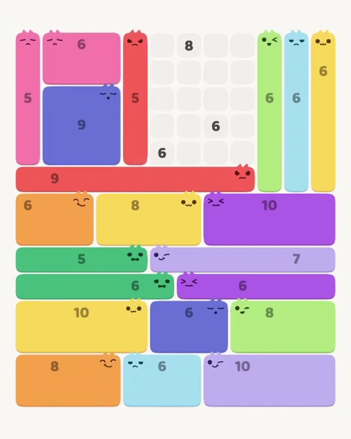 MeowBlock Level 111 after step 21, placing the 5-cell vertical block at the upper center