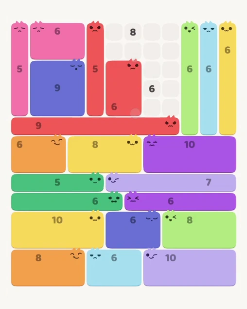 MeowBlock Level 111 after step 22, placing the 6-cell rectangular block at the upper center