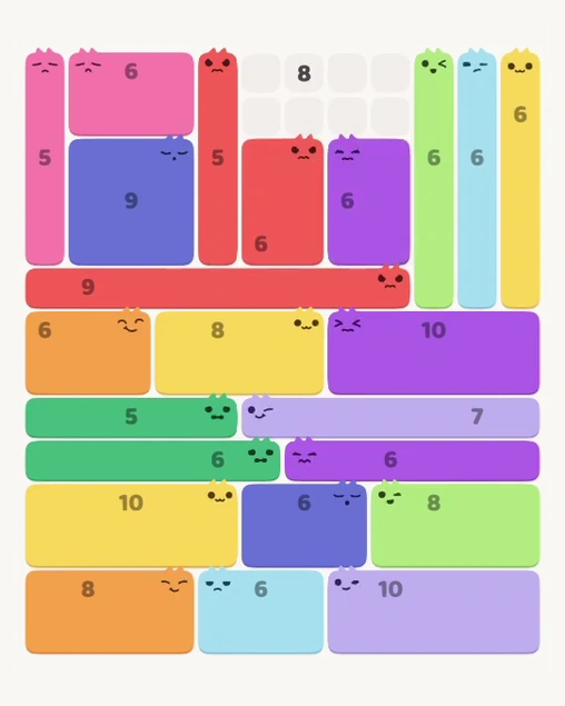 MeowBlock Level 111 after step 23, placing the 6-cell rectangular block at the upper-right area