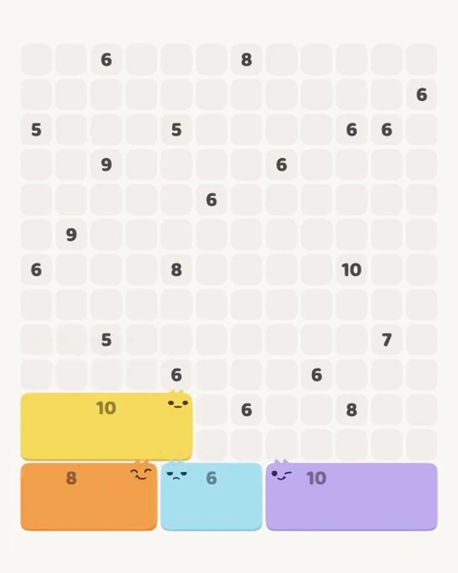MeowBlock Level 111 after step 4, placing the 10-cell rectangular block at the lower-left area