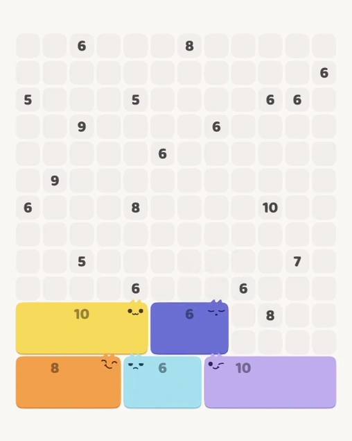 MeowBlock Level 111 after step 5, placing the 6-cell rectangular block at the lower center