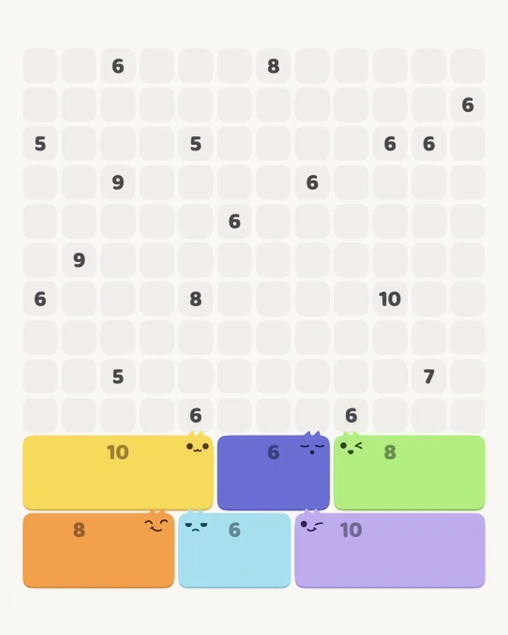 MeowBlock Level 111 after step 6, placing the 8-cell rectangular block at the lower-right area