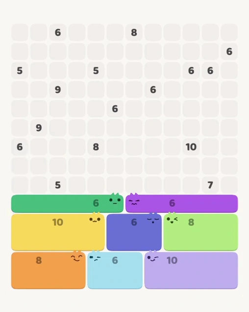 MeowBlock Level 111 after step 8, placing the 6-cell horizontal block at the lower-left area