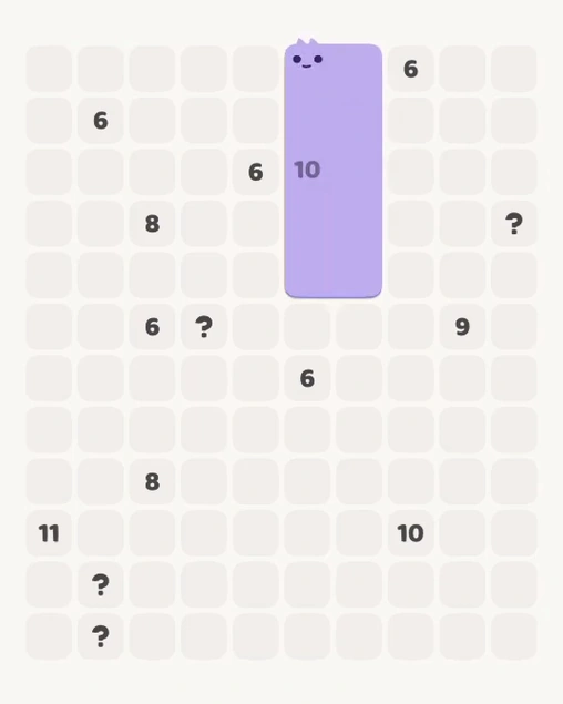 MeowBlock Level 112 after step 1, placing the 10-cell rectangular block at the upper center