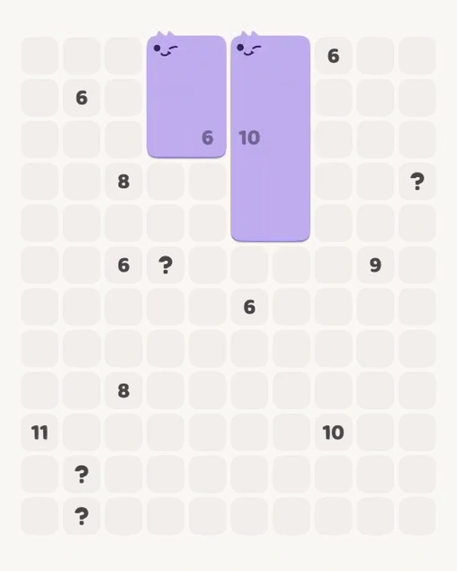 MeowBlock Level 112 after step 2, placing the 6-cell rectangular block at the upper center