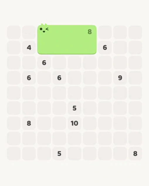 MeowBlock Level 115 after step 1, placing the 8-cell rectangular block at the upper center