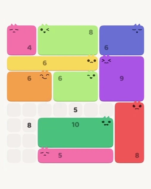 MeowBlock Level 115 after step 10, placing the 10-cell rectangular block at the lower center