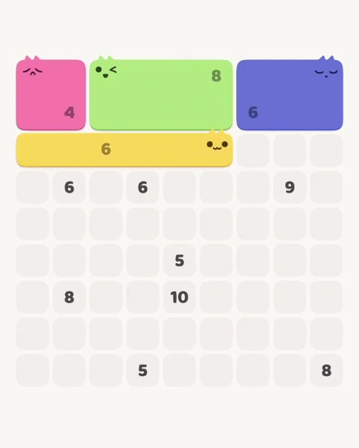 MeowBlock Level 115 after step 4, placing the 6-cell horizontal block at the upper center