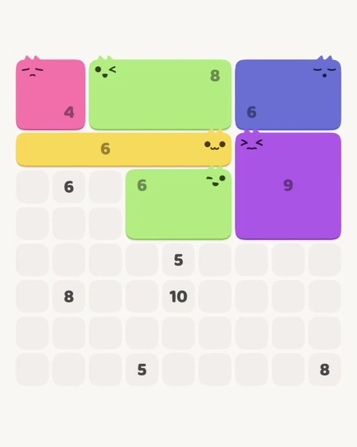 MeowBlock Level 115 after step 6, placing the 6-cell rectangular block at the middle center