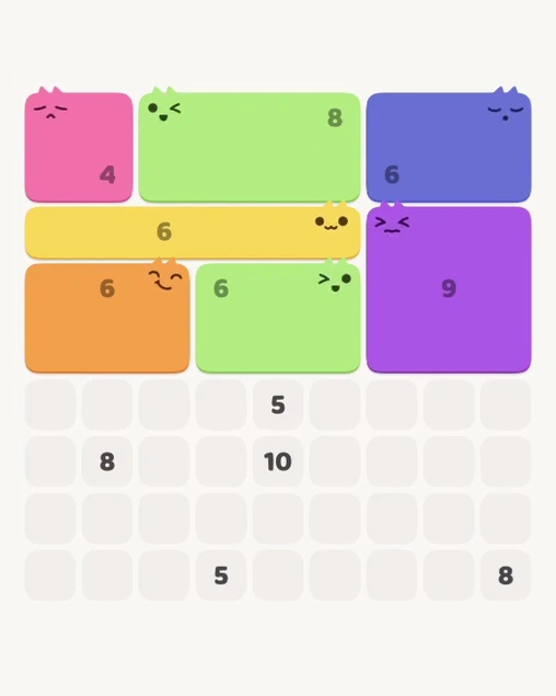 MeowBlock Level 115 after step 7, placing the 6-cell rectangular block at the middle-left area