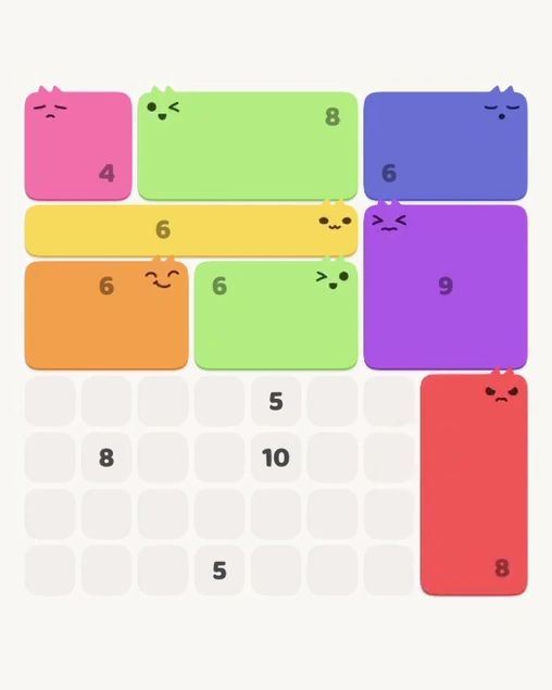 MeowBlock Level 115 after step 8, placing the 8-cell rectangular block at the lower-right area