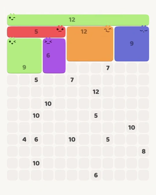 MeowBlock Level 117 after step 6, placing the 12-cell rectangular block at the upper center