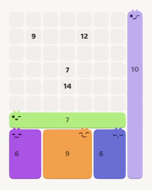 MeowBlock Level 118 after step 5, placing the 7-cell horizontal block at the lower center