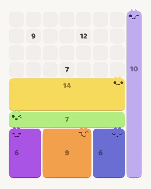 MeowBlock Level 118 after step 6, placing the 14-cell rectangular block at the middle center
