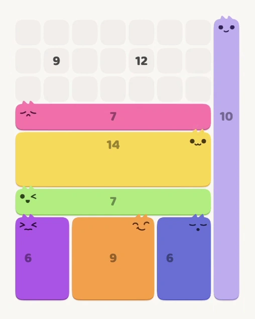 MeowBlock Level 118 after step 7, placing the 7-cell horizontal block at the middle center