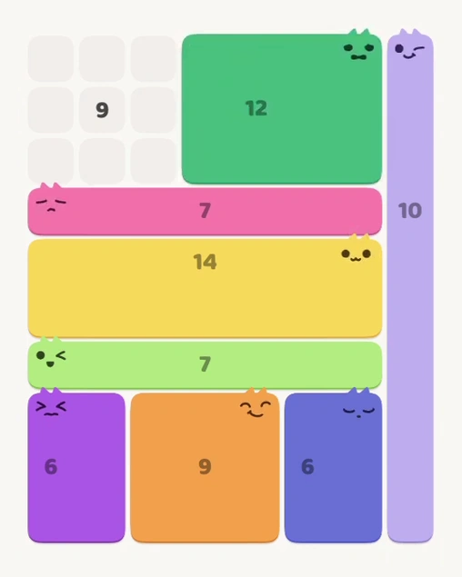 MeowBlock Level 118 after step 8, placing the 12-cell rectangular block at the upper-right area