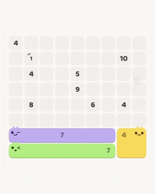 MeowBlock Level 119 after step 3, placing the 7-cell horizontal block at the lower center