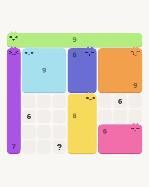 MeowBlock Level 121 after step 7, placing the 8-cell rectangular block at the lower center