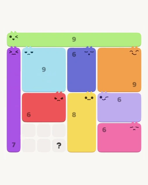 MeowBlock Level 121 after step 9, placing the 6-cell rectangular block at the lower-left area