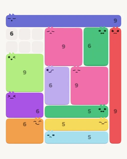 MeowBlock Level 122 after step 12, placing the 6-cell rectangular block at the upper-right area