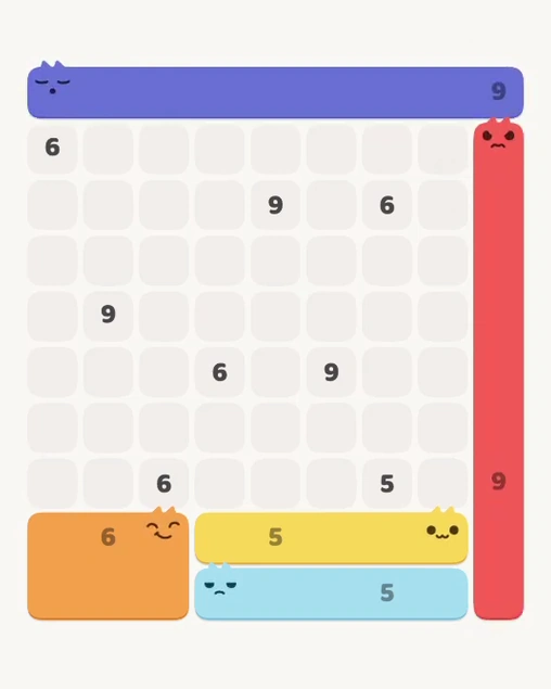 MeowBlock Level 122 after step 5, placing the 9-cell horizontal block at the upper center