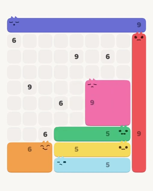 MeowBlock Level 122 after step 7, placing the 5-cell horizontal block at the lower-right area