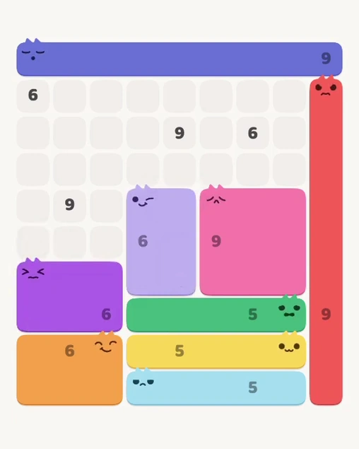 MeowBlock Level 122 after step 9, placing the 6-cell rectangular block at the middle center