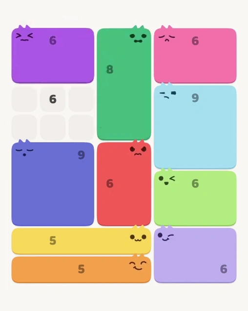 MeowBlock Level 123 after step 10, placing the 6-cell rectangular block at the upper-left area