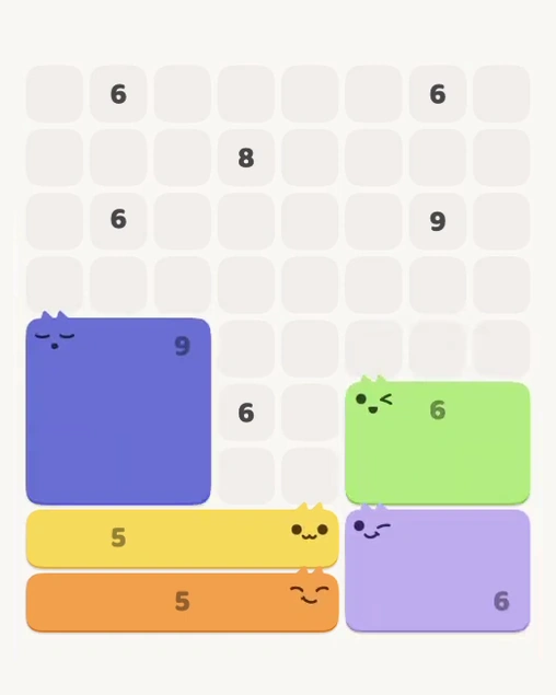 MeowBlock Level 123 after step 5, placing the 9-cell square block at the lower-left area