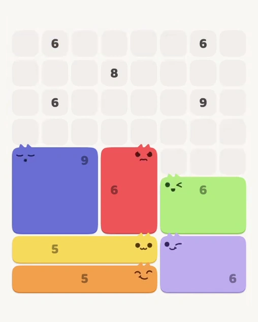 MeowBlock Level 123 after step 6, placing the 6-cell rectangular block at the lower center