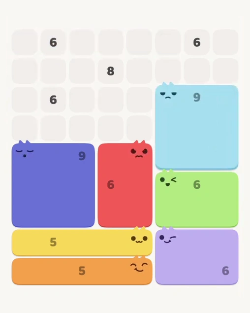 MeowBlock Level 123 after step 7, placing the 9-cell square block at the middle-right area