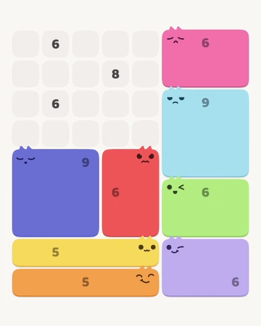 MeowBlock Level 123 after step 8, placing the 6-cell rectangular block at the upper-right area