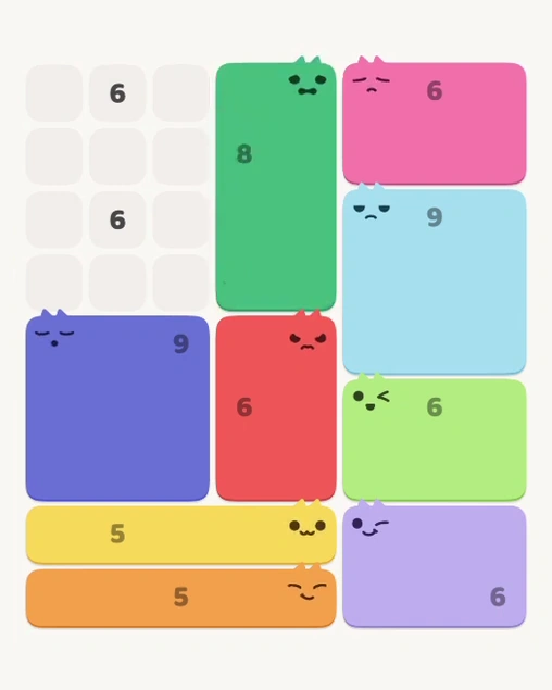 MeowBlock Level 123 after step 9, placing the 8-cell rectangular block at the upper center