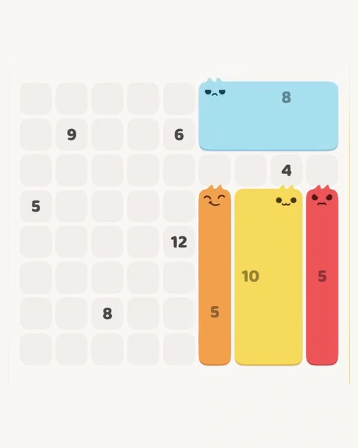 MeowBlock Level 124 after step 4, placing the 8-cell rectangular block at the upper-right area