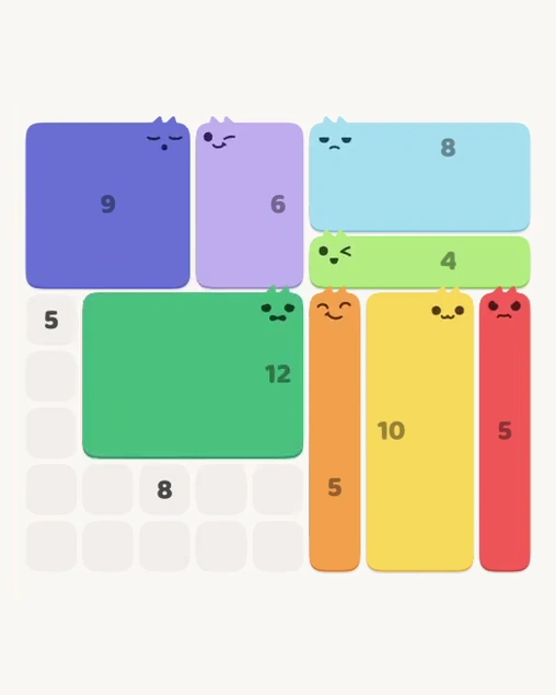 MeowBlock Level 124 after step 8, placing the 12-cell rectangular block at the middle center