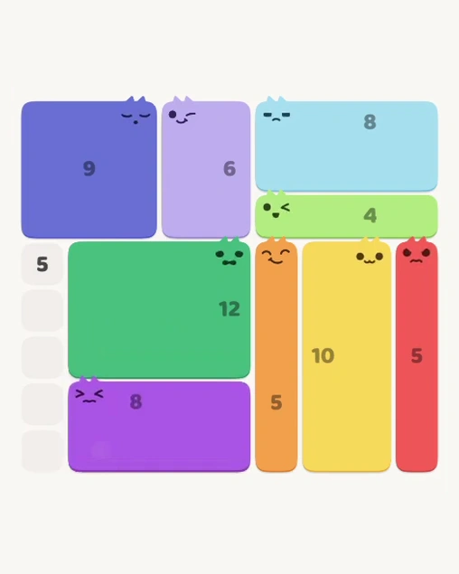 MeowBlock Level 124 after step 9, placing the 8-cell rectangular block at the lower center
