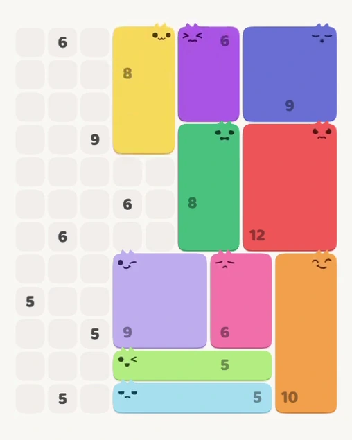 MeowBlock Level 126 after step 10, placing the 8-cell rectangular block at the upper center
