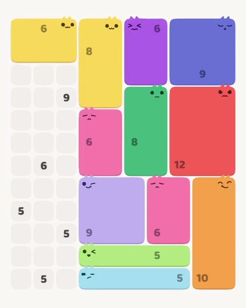 MeowBlock Level 126 after step 12, placing the 6-cell rectangular block at the upper-left area