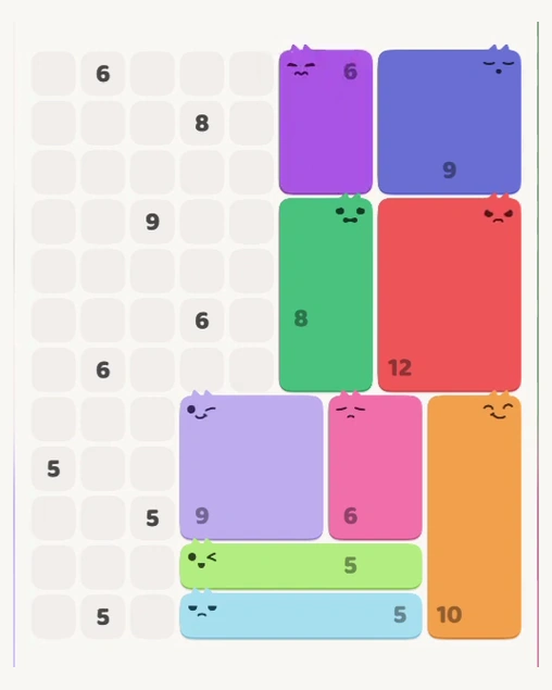 MeowBlock Level 126 after step 9, placing the 6-cell rectangular block at the upper center