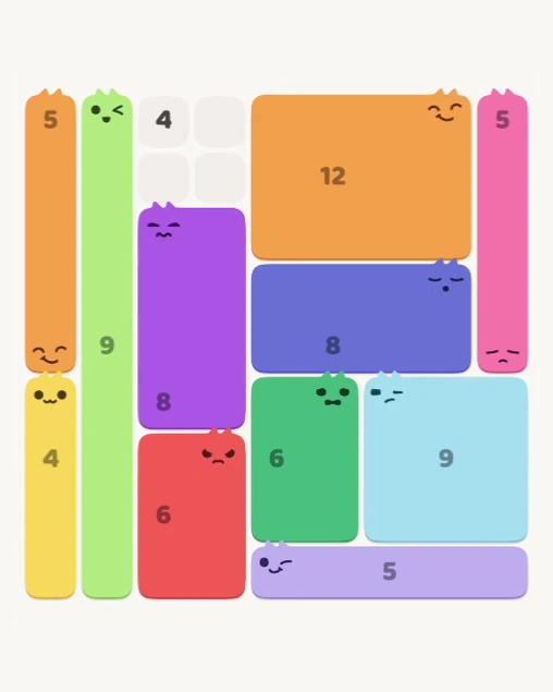 MeowBlock Level 128 after step 11, placing the 12-cell rectangular block at the upper-right area