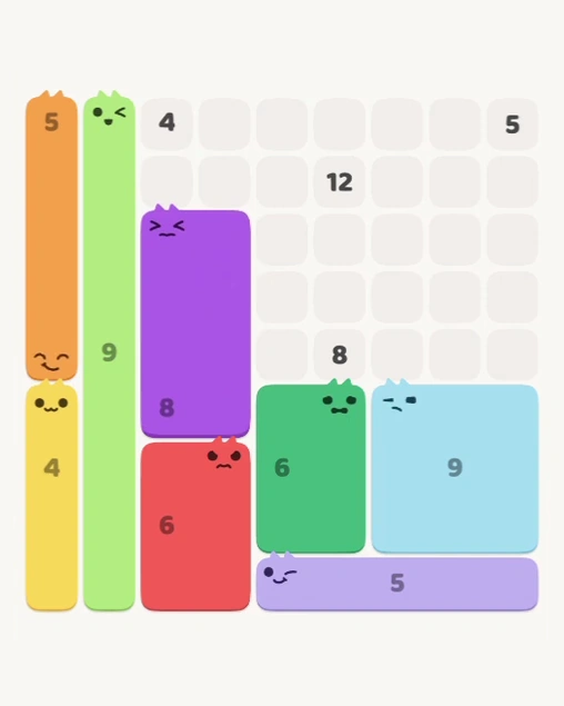 MeowBlock Level 128 after step 8, placing the 8-cell rectangular block at the lower center